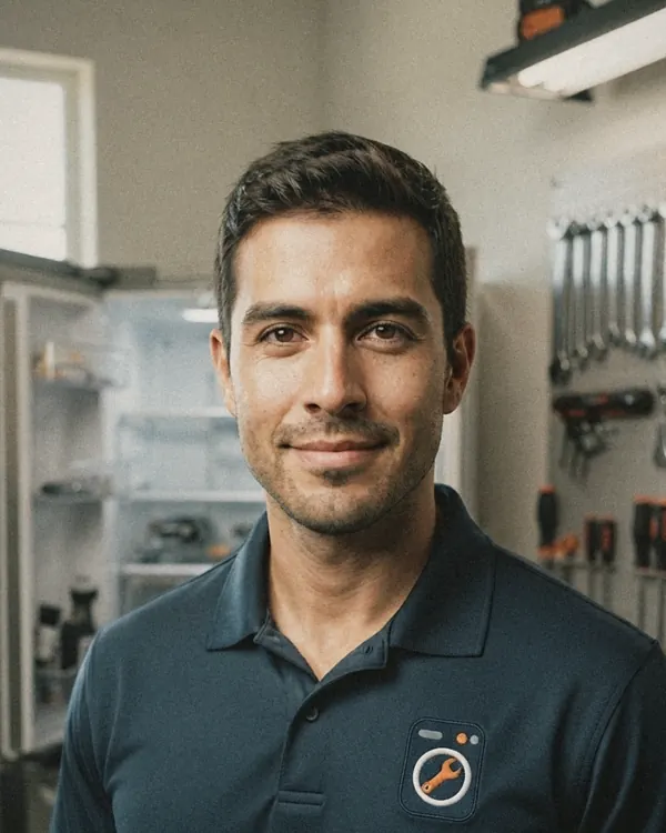 Frank Moreno, cooking appliance technician at Visalia Appliance Repair Pros, in front of the workshop tool wall