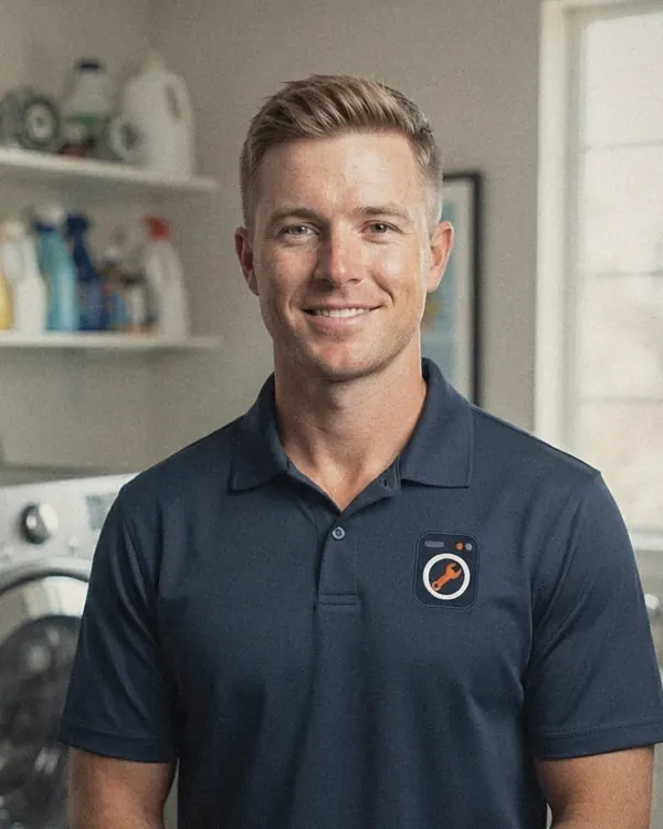 Tyler Brooks, laundry appliance technician at Visalia Appliance Repair Pros, next to a front-load washer