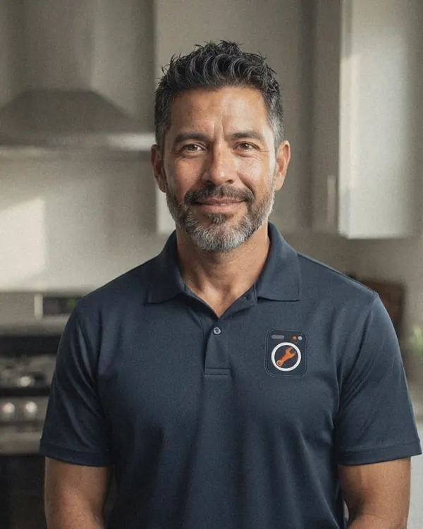 Daniel Ortiz, lead appliance technician at Visalia Appliance Repair Pros, standing in a customer's kitchen