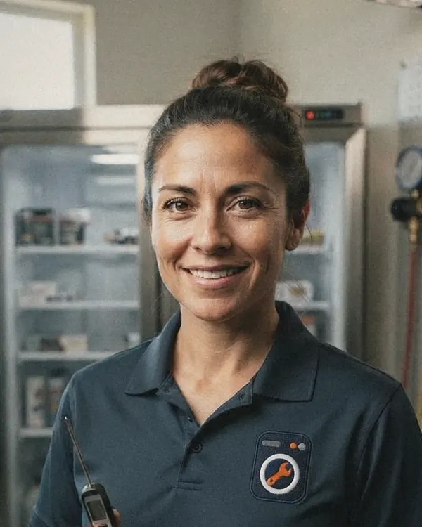 Elena Ramirez, refrigeration specialist at Visalia Appliance Repair Pros, holding a diagnostic tool beside a refrigerator